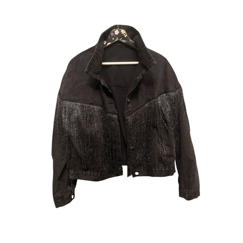 Black Acid Wash Denim Jacket Metallic Fringe Western Festival Size Large Trucker - Picture 2 of 6